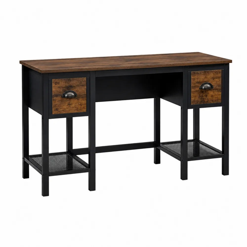 Bureau rectangulaire 120 cm x 55 cm x 76 cm avec 2 tiroirs et étagères en MDF décor bois marron et acier noir
