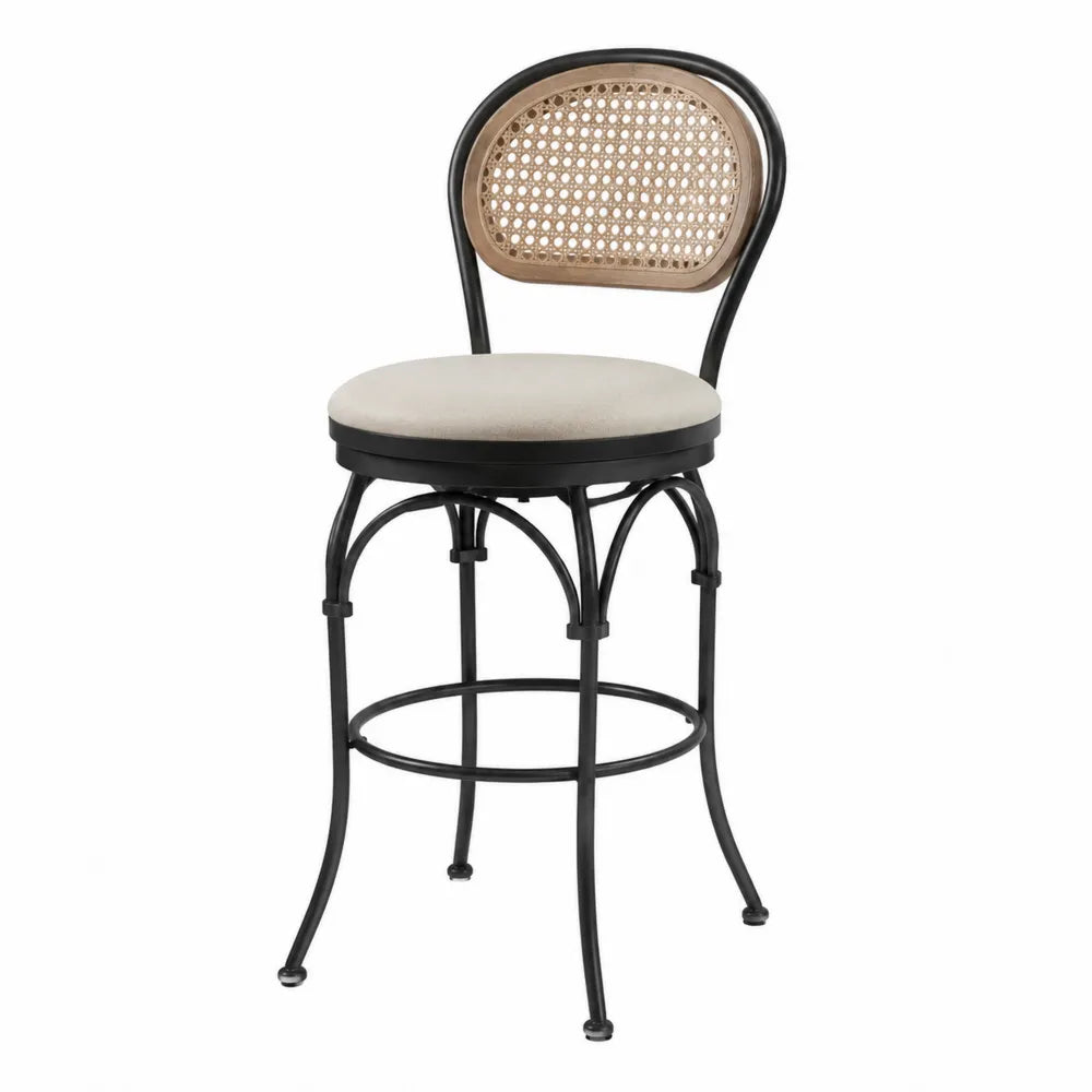 Tabouret de bar avec dossier en cannage rotin naturel assise ronde polyester beige structure acier noir 52 x 52 x 104 cm