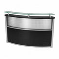 Comptoir d’accueil de bureau 140 cm x 60 cm x 105 cm en verre trempé mélaminé noir et aluminium argenté façade courbe