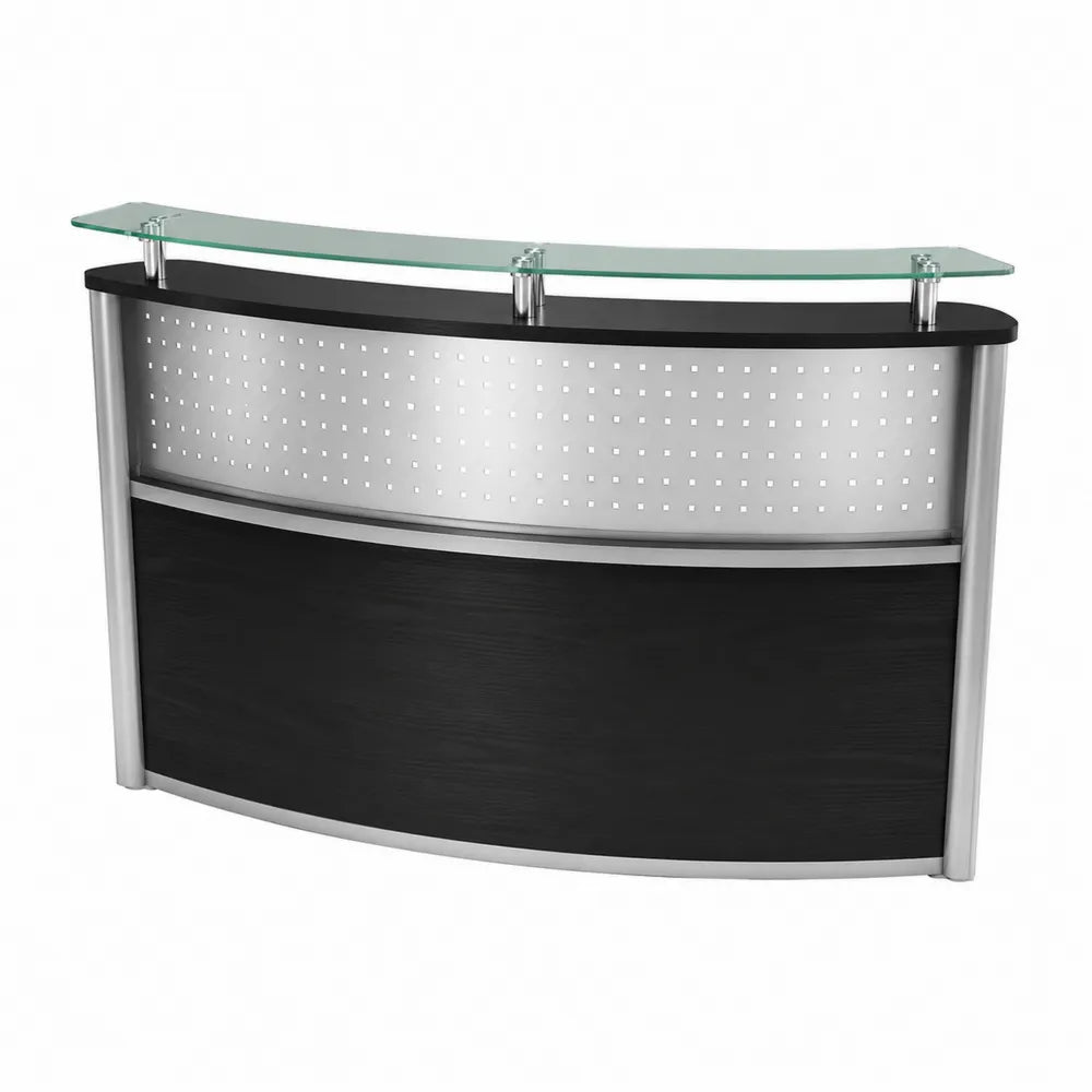 Comptoir d’accueil de bureau 140 cm x 60 cm x 105 cm en verre trempé mélaminé noir et aluminium argenté façade courbe