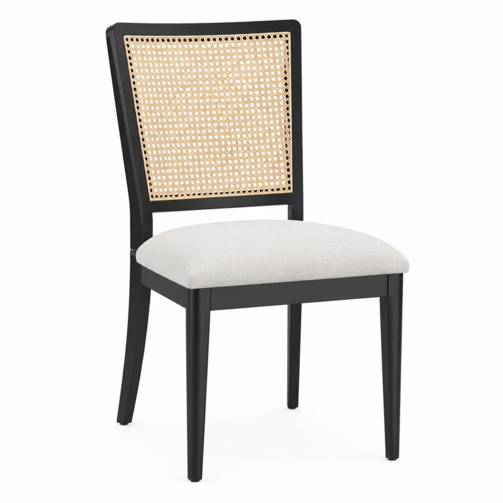 Chaise de salle à manger en bois noir avec dossier cannage rotin et assise rembourrée beige dimensions non précisées