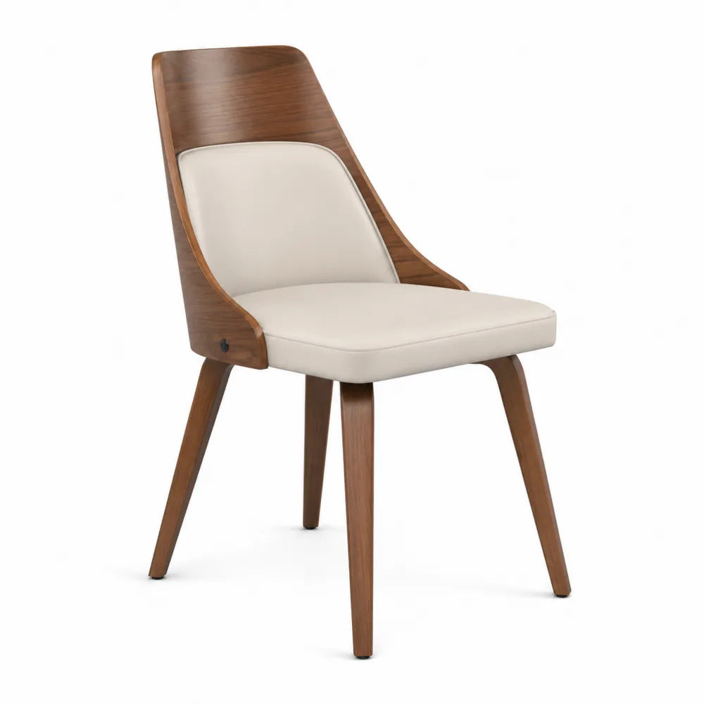 Chaise de salle à manger rembourrée sans accoudoirs en contreplaqué plaqué noyer revêtement PU beige pieds hévéa massif marron 50 x 57 x 86 cm