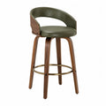 Tabouret de bar à dossier demi-lune en PU vert olive et contreplaqué plaqué noyer avec repose-pieds laiton brossé 54 x 54 x 98 cm