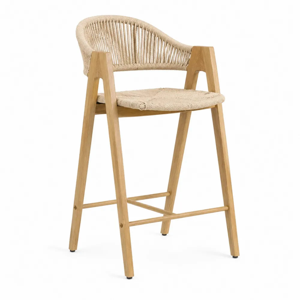 Tabouret de bar en bois massif avec dossier en corde tressée et assise en fibre naturelle couleur bois naturel sans dimensions précisées