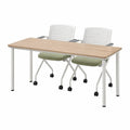Ensemble bureau table rectangulaire 120 x 60 x 74 cm avec 2 chaises à roulettes structure acier blanc plateau bois clair et coussins verts