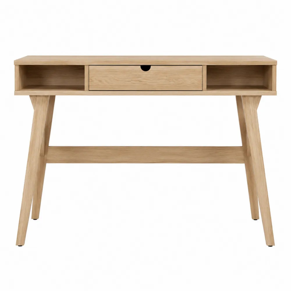 Bureau rectangulaire avec tiroir central et niches en MDF aspect chêne clair et bois naturel