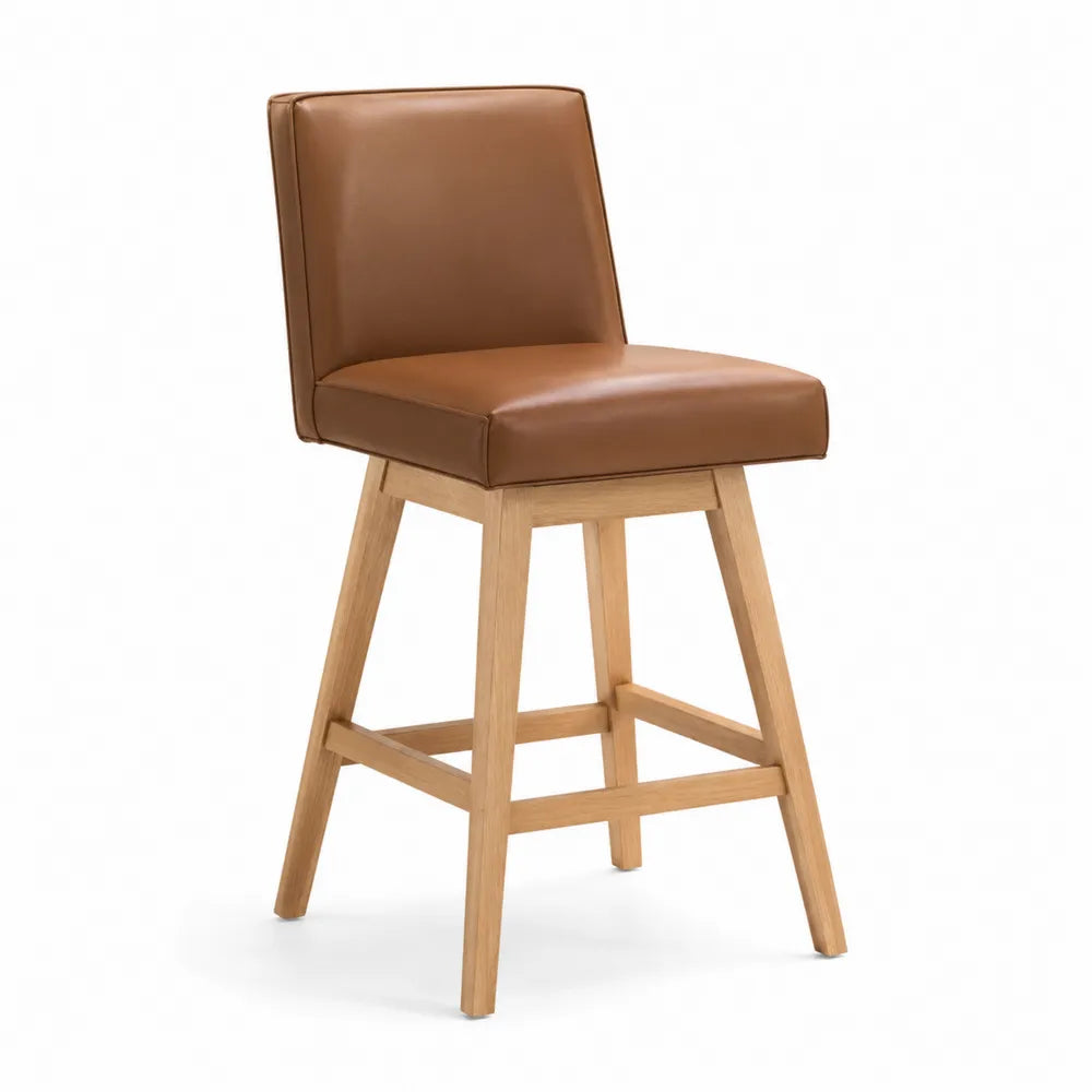 Tabouret de bar avec dossier en PU marron et pieds en bois massif naturel 45 cm x 52 cm x 88 cm