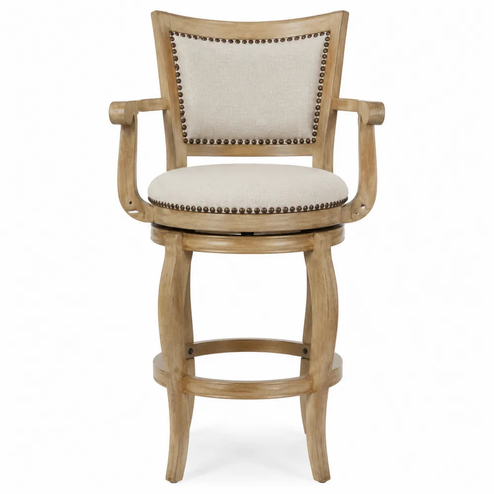 Tabouret de bar pivotant avec accoudoirs en tissu beige et bois naturel avec clous décoratifs