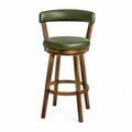 Tabouret de bar avec dossier bas en PU vert olive pieds hévéa massif noyer assise ronde 52 x 52 x 105 cm