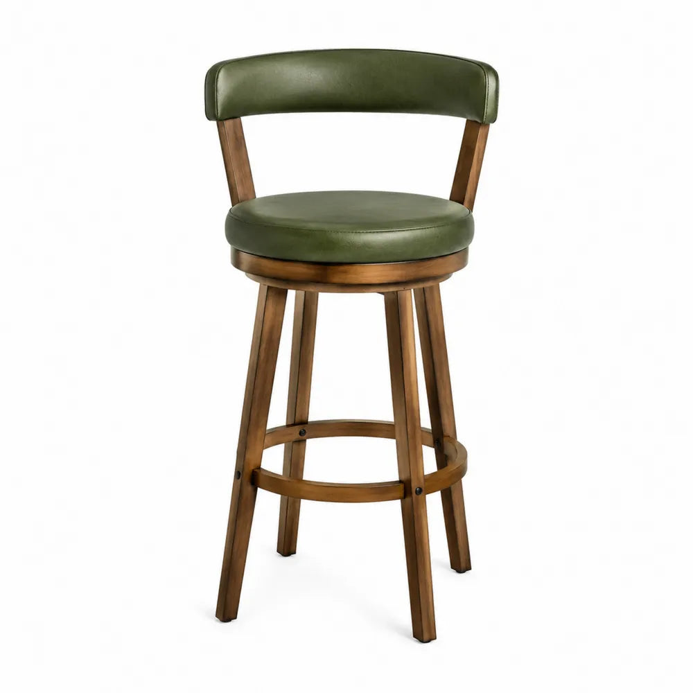 Tabouret de bar avec dossier bas en PU vert olive pieds hévéa massif noyer assise ronde 52 x 52 x 105 cm