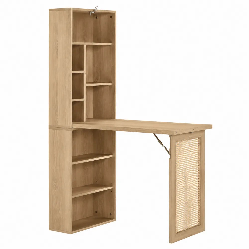 Bureau rabattable avec bibliothèque 120 cm x 60 cm x 180 cm en MDF décor chêne clair avec panneau cannage et support mural