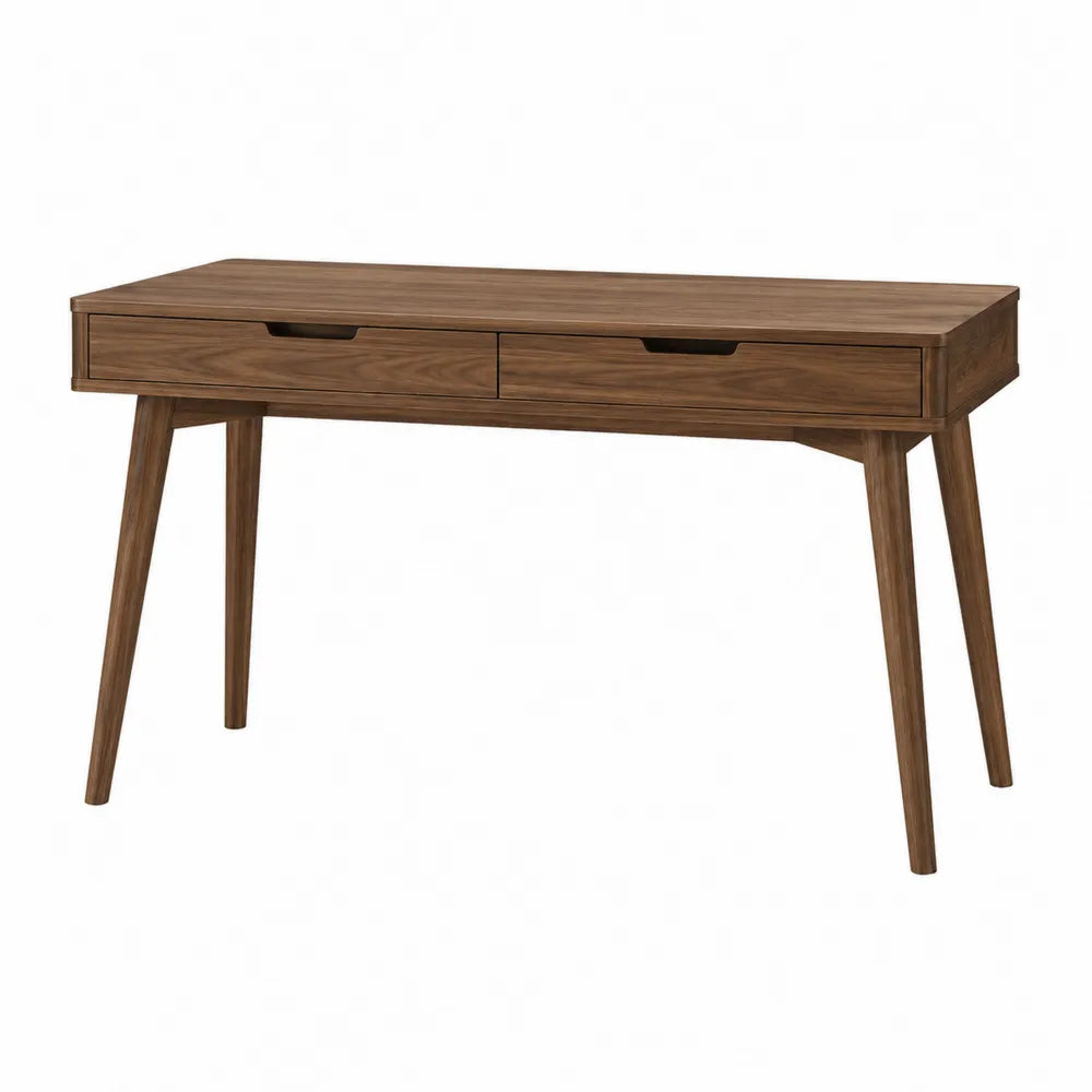 Bureau rectangulaire 2 tiroirs en MDF plaqué noyer pieds hévéa massif marron noyer 120 x 55 x 76 cm