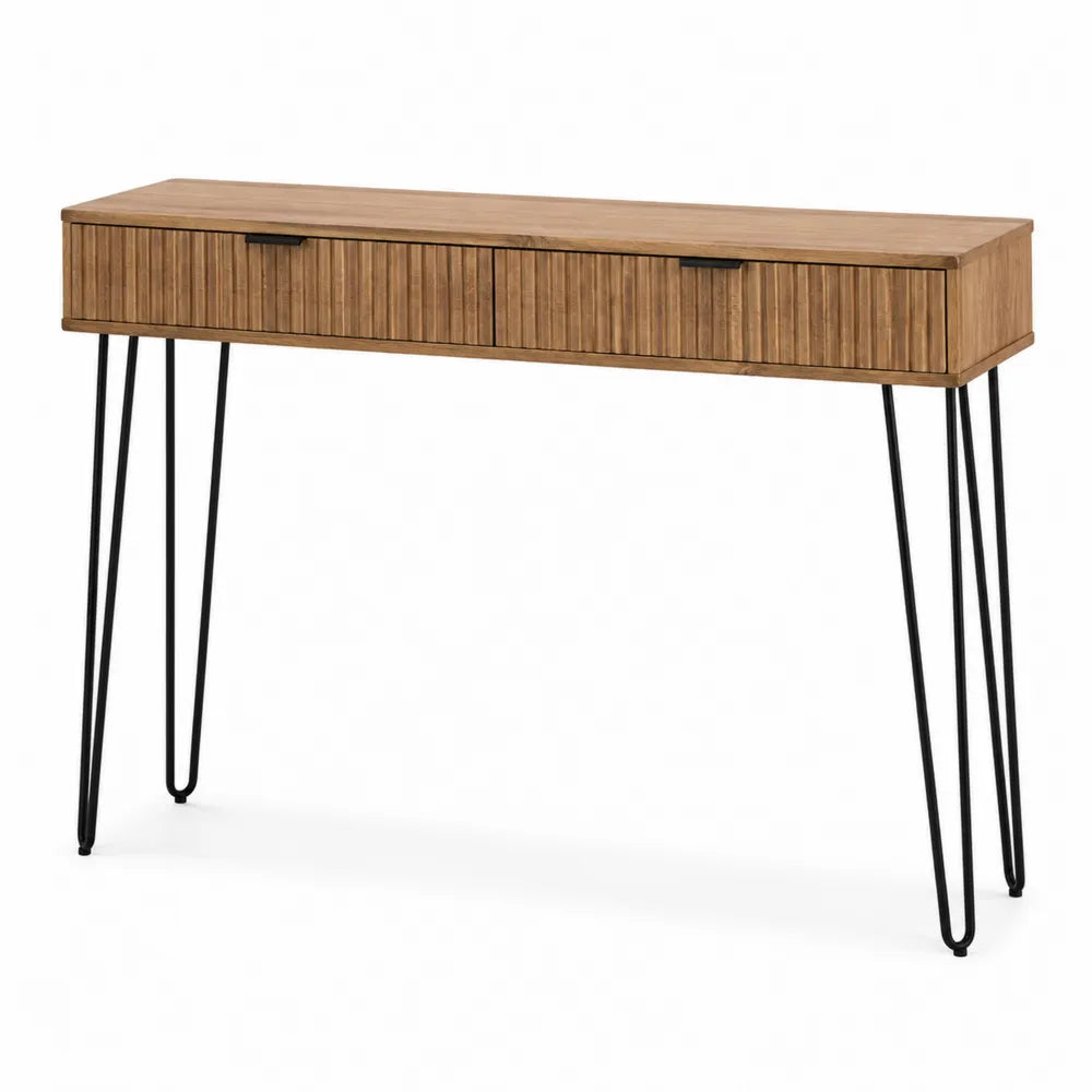 Bureau console rectangulaire 120 cm x 45 cm x 78 cm avec 2 tiroirs en MDF décor chêne clair et pieds en acier noir