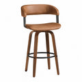 Tabouret de bar avec dossier en similicuir marron et pieds en bois avec repose-pieds en acier noir
