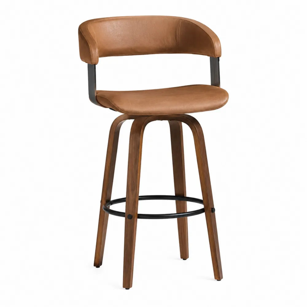 Tabouret de bar avec dossier en similicuir marron et pieds en bois avec repose-pieds en acier noir