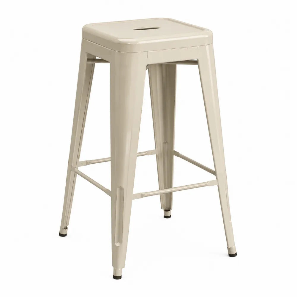 Tabouret de bar industriel en acier thermolaqué beige crème assise carrée repose-pieds 43 cm x 43 cm x 76 cm