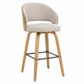 Tabouret de bar avec dossier courbé en polyester beige pieds hévéa massif chêne clair repose-pieds noir 55 x 54 x 94 cm