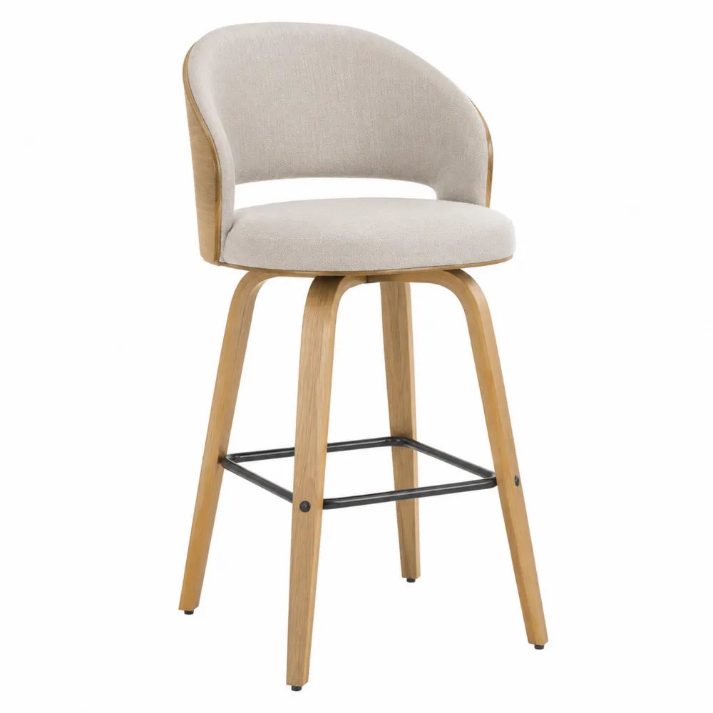 Tabouret de bar avec dossier courbé en polyester beige pieds hévéa massif chêne clair repose-pieds noir 55 x 54 x 94 cm