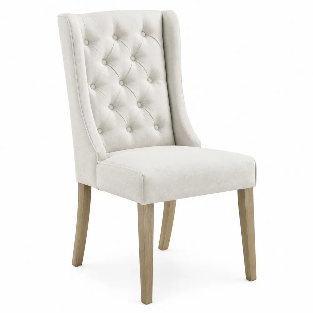 Chaise de salle à manger capitonnée dossier à boutons en tissu beige et bois massif naturel 56 cm x 60 cm x 92 cm
