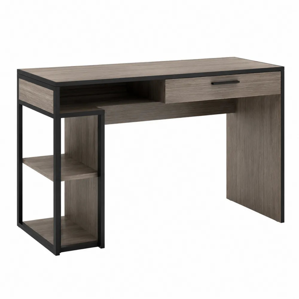 Bureau rectangulaire avec étagères latérales en bois mélaminé et acier noir 120 cm x 55 cm x 76 cm
